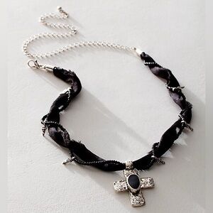 NWT Free People Lola Choker Elegant Black and Silver Cross Pendant Necklace